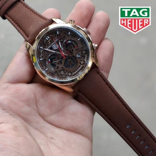 Atag Heuera Grand Carrera Cr7 Gold Brown Belt Quartz