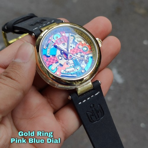 Anepica N6026 Gold Ring Pink Blue Dial Date Working Uniq Quartz